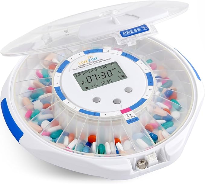 Live Fine Smart WiFi Automatic Pill Dispenser Clear Lid | 28-Day Medication Organizer Up to 9 Doses Per Day for Care Monitoring with Lock Key, Light/Sound Alarms for Prescriptions & Vitamins