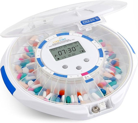 Live Fine Smart WiFi Automatic Pill Dispenser Clear Lid | 28-Day Medication Organizer Up to 9 Doses Per Day for Care Monitoring with Lock Key, Light/Sound Alarms for Prescriptions & Vitamins
