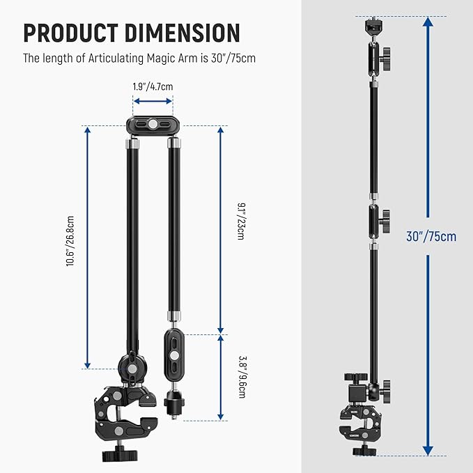NEEWER 30" Articulating Magic Arm with Super Clamp/Action Cam Mount/Phone Holder, Overhead Camera Desk Mount Mic Boom Stand, Compatible with GoPro iPhone DSLR Webcam Microphone Video Recording, UA056