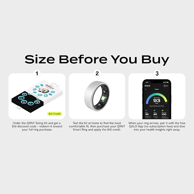 QALO Smart Ring – Size Before You Buy – No Subscription Fee – Titanium Fitness Tracker, Tracking for Sleep, Steps, HRV, Women’s Health, iOS & Android Compatible (Silver, Size 10)