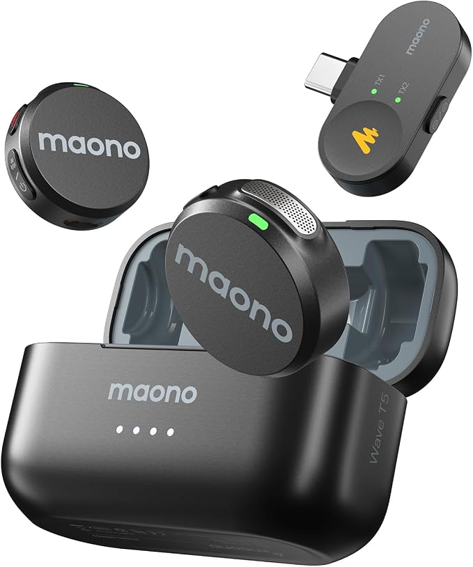 MAONO Wireless Lavalier Microphone for iPhone 17/16/15/Android/PC, USB C Mini Magnetic Lapel Mic with 48KHz 24Bit,Intelligent Noise Cancellation,One-Click Mute,30H Use for Video Record Podcast-Wave T5