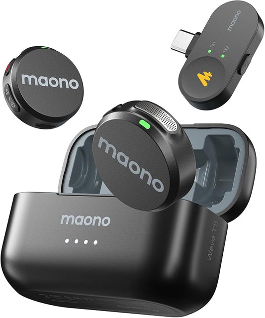 MAONO Wireless Lavalier Microphone for iPhone 17/16/15/Android/PC, USB C Mini Magnetic Lapel Mic with 48KHz 24Bit,Intelligent Noise Cancellation,One-Click Mute,30H Use for Video Record Podcast-Wave T5