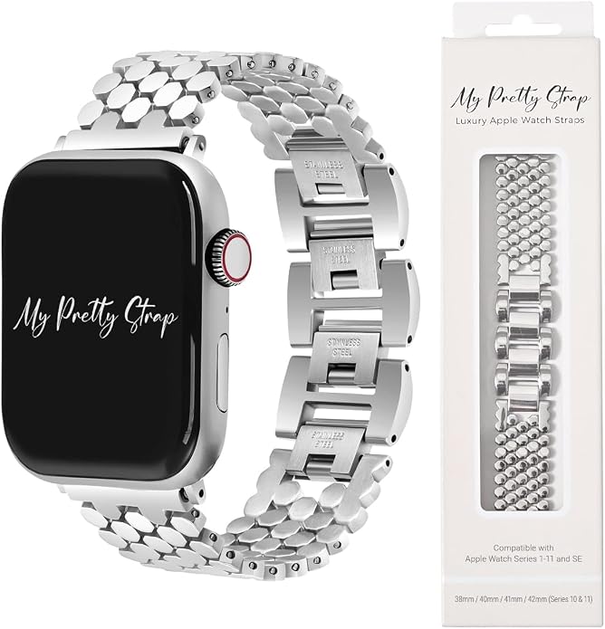 My Pretty Strap - Compatible Apple Watch Band Strap, Stainless Steel Fashion iWatch Replacement Strap- Easy Resizing, No Tool Needed, Fits Most Wrists- Series 1-11, SE and Ultra