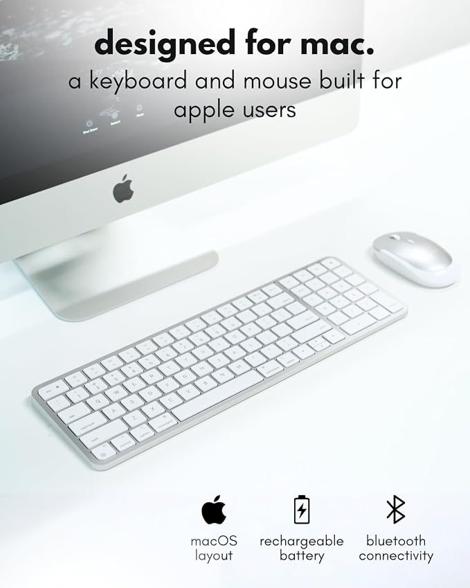 Macally Bluetooth Mac Keyboard and Mouse (Compact, Multi Device, Rechargeable) - Wireless Apple Keyboard and Mouse Combo - for Mac mini/Studio, MacBook Pro/Air, iMac, iPad, iPhone - Silver