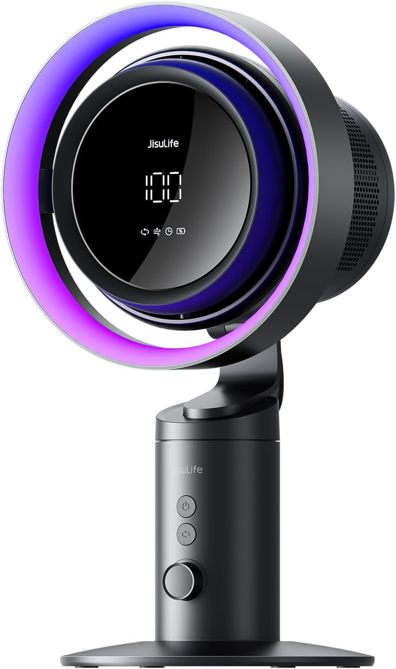 JISULIFE Table Fan Pro3, 3-IN-1 Turbo Oscillating Fan with RGB Light, 100-Speed Adjustable, 10000mAh Rechargeable Battery, Powerful Airflow for Desktop/Office/Bedroom, Gifts for Men/WoMen