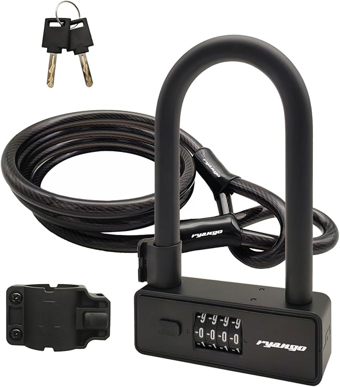 Bike U Lock Anti Theft, 4 Digit Heavy Duty Combination Bicycle Lock with 6FT Steel Cable, High Security U Lock for Bike, Motorcycle, Scooter, Door, Fence, Mounting Bracket Included