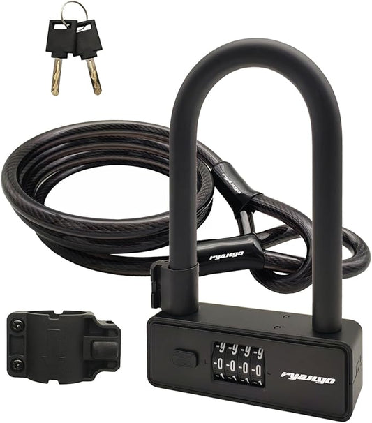 Bike U Lock Anti Theft, 4 Digit Heavy Duty Combination Bicycle Lock with 6FT Steel Cable, High Security U Lock for Bike, Motorcycle, Scooter, Door, Fence, Mounting Bracket Included