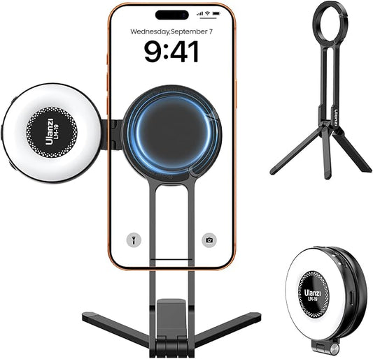 ULANZI 2-in-1 Magnetic Phone Tripod & Selfie Light Kit, MA30 Phone Stand with LM19 2500K-8500K LED Fill Light for MagSafe, Compatible with iPhone 17-12 Series for Photo/Vlog/Video/TikTok, Black