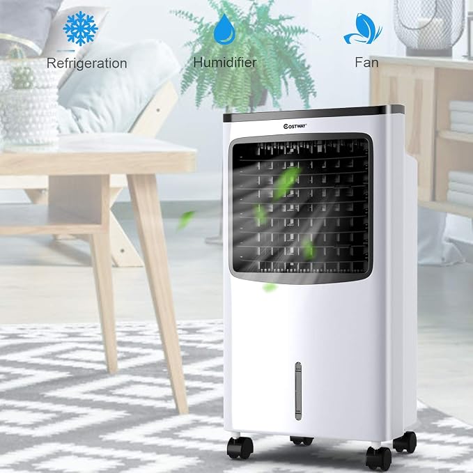 COSTWAY Evaporative Cooler, Portable Cooling Fan with Remote Control, 3-Mode, 3-Speed and 7.5H Timer Function, Include Ice Crystal Boxes, Water Tank and Casters, Bladeless Air Cooler