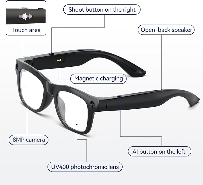 AI Smart Glasses with HD Camera, BT Call, 8MP Anti-Shake Camera Glasses with 1080P Video Recording Dual Mic, Simultaneous Interpretation/GPT Identify Objects, Photochromic Lens