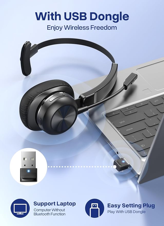 Bluetooth Headset with USB Dongle, Trucker Bluetooth Headset with AI Noise Cancelling Microphone & Mute Button, 50Hrs Single Ear Wireless Headphones for Truck Driver Phone Computer PC Office Work