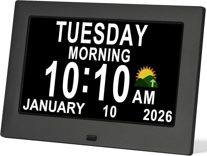 KASTISS Dementia Digital Clock for Seniors 7" Large Display Clock with Day and Date for Elderly Easy to Use 15 Alarms 5 Colors Auto Dimmable Alarm Clock for Bedroom Classroom Senior Gifts (Black)