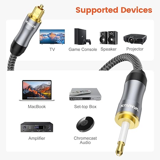 VANAUX Toslink to Mini Toslink Digital Optical Cable,S/PDIF Fiber Optic Audio Cable,24K Gold Plated for TV,Soundbars,Stereo Systems【Not A 3.5mm Auxiliary Plug】(3ft/1m)