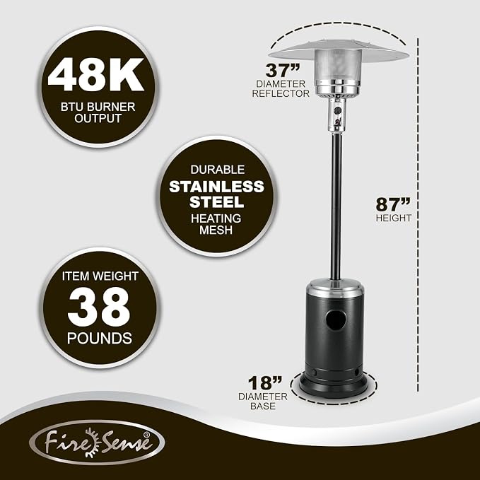 Fire Sense All Seasons Patio Heater With Wheels 48000 BTU Output Electronic Ignition System Portable Outdoor Propane Heater Series Patio Heater - Oynx & Stainless Steel Accent Finish