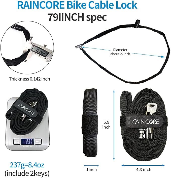 RAINCORE Keyed Bike Cable Lock – Lightweight Cut-Resistant Composite Fiber Security Cable – Anti-Theft Heavy Duty Bicycle Lock – 79inch (200cm), 0.52lb – Patented in Korea (79 inch)