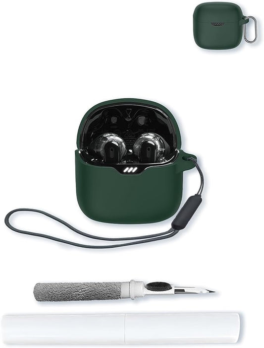 Case for JBL Tune Flex - True Wireless Noise Cancelling Earbuds,Soft Protective,BOVUGAC Silicone Case Cover with Keychain & Cleaning Kit & Lanyard for JBL Tune Flex Earbuds-Green