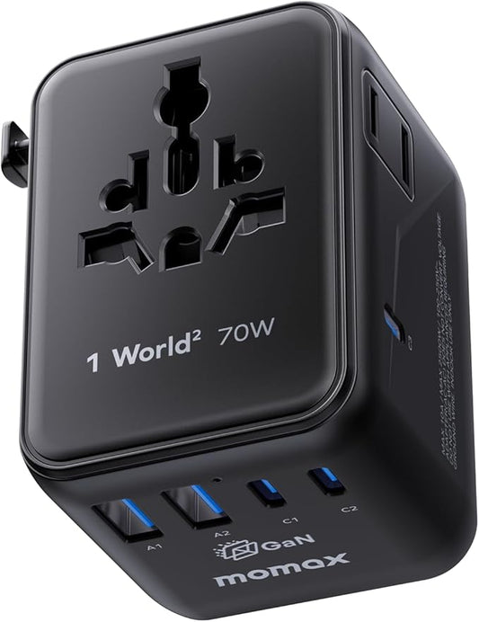 MOMAX Mini 7-in-1 Universal Travel Adapter, GaN 70W Dual AC, 3 USB-C & 2 USB-A, Travel Essentials for 200+ Countries – International Charger for Laptop, Phone, US/EU/UK/AU Plug