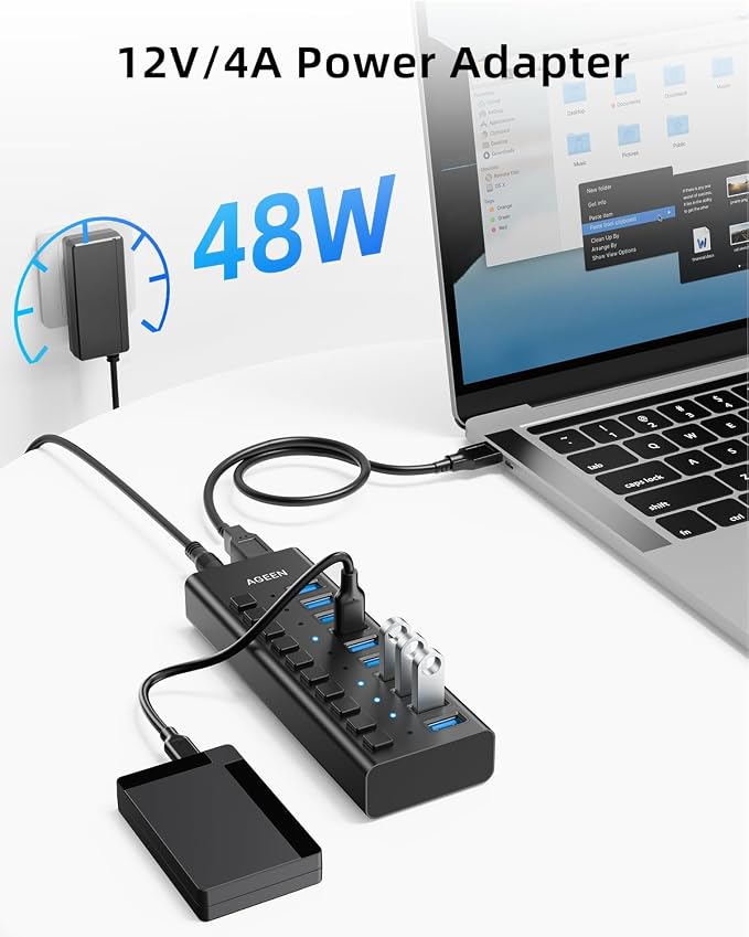 AGEEN 10-Port USB 3.2 Gen 2 Hub, 10Gbps High-Speed Aluminum Powered Hub with 48W Adapter, Individual Switches & Surge Protection for PC/Laptop, Flash Drive, Printer, Camera