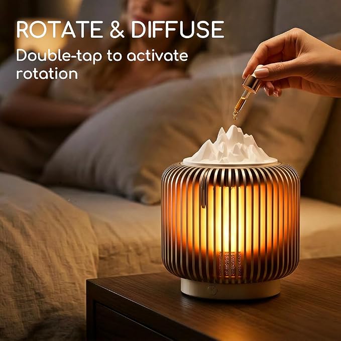 Masdio Bluetooth Speaker & Aroma Diffuser Night Light, Rotating Mountain Aroma Diffuser, Candlelight Mode, Stepless Dimming, 14H Battery, Lantern-Inspired Metal Design for Bedroom