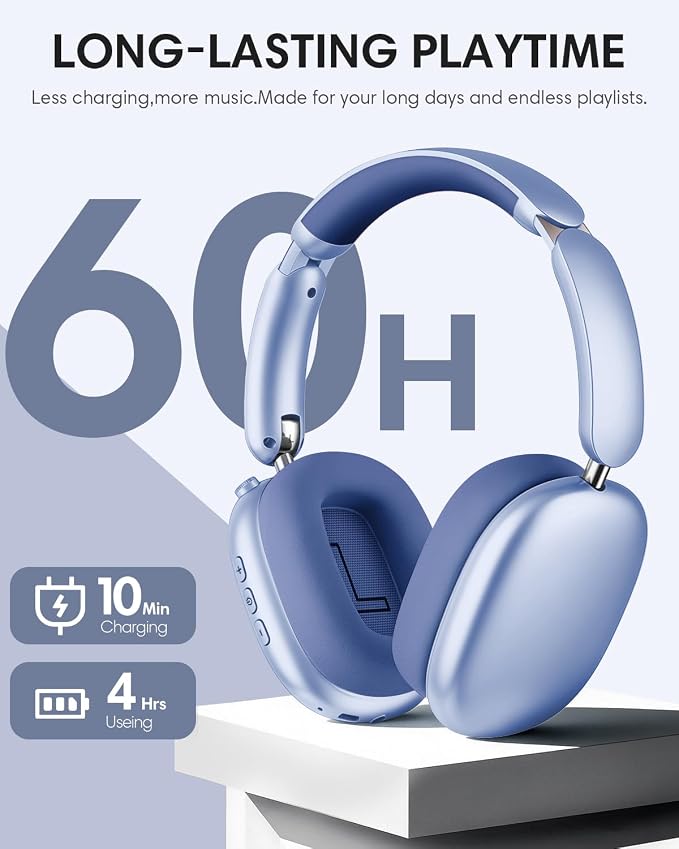 Wentronic Y02 Active Noise Cancelling Headphones, Wireless Over-Ear Bluetooth 5.4 Headphones with Microphone, 60H Playtime, Hi-Res Audio, Big Bass, Foldable Lightweight for Travel Home Office, Blue