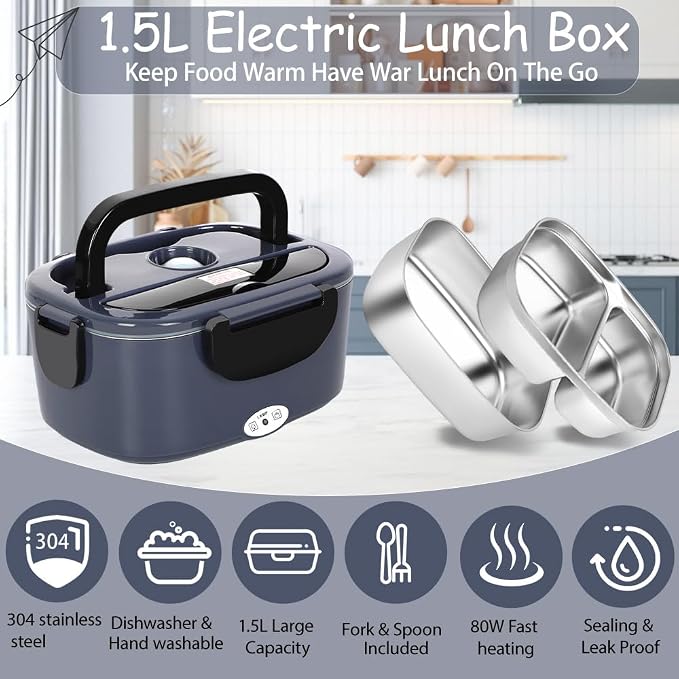 Electric Lunch Box for Adults - 1.5L Single/Double Layer Stainless Steel Food Warmer - 80W Fast PTC Heated Lunchbox, 12V/24V/110V Portable Food Heater for Car&Truck, Office, Camping, Travel