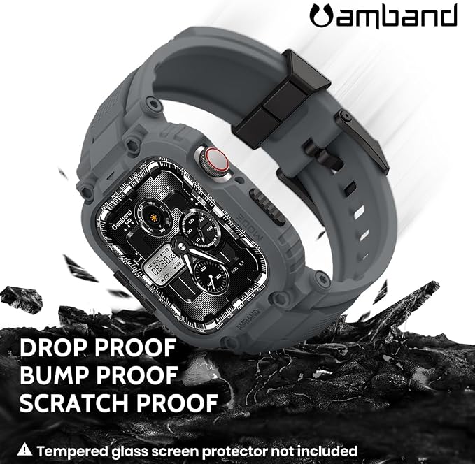 amBand Bands Compatible with Apple Watch 9/8/7 45mm, M1 Sport Series Rugged Case with TPU Strap Military Protective Tough Cover Bumper for iWatch SE3/SE2/SE/6/5/4 44mm Men Gray