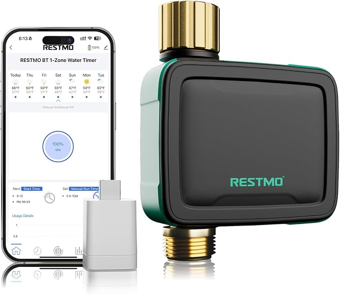 RESTMO WiFi Smart Sprinkler Timer with APP Remote Control for Garden Hose | 1-Zone, Built-in flow meter, 2.4GHz WiFi connection, automatic drip irrigation for lawn & outdoor yard
