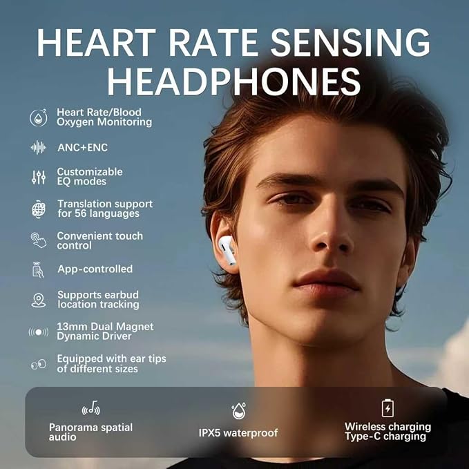 Pro 3 Wireless Earbuds, Active Noise Cancellation, Live Translation, Heart Rate Sensing, Panoramic Stereo Sound, Bluetooth Headphones, USB-C Charging, White