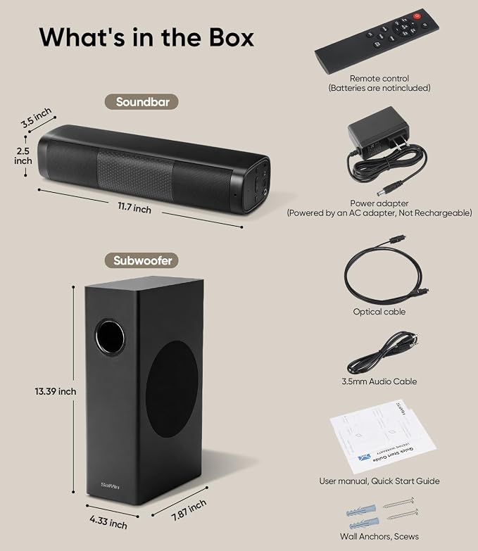 Saiyin 11.7" Sound Bar with Subwoofer, Deep Bass, Bluetooth/AUX/Optical | 2.1CH Surround Sound for TV, 40W Subwoofer, 88W Peak Power, Perfect for Small TVs/PC Monitors/Rooms/Home Offices/Kitchens/RVs