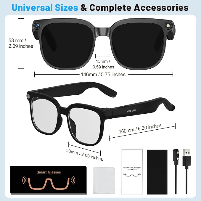 Smart Glasses with Camera, AI Translation Glasses Support 140+ Languages, 1080P Hands-Free Video Recording, IP65 Waterproof Bluetooth Glasses with Voice Assistant for Hiking Vlogging Business