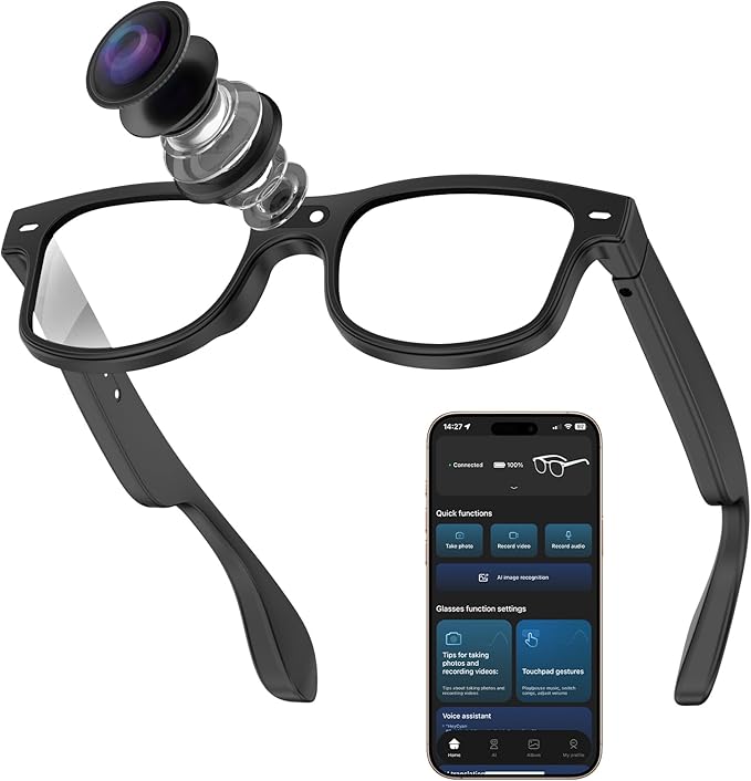 CJkao Smart AI Glasses with Camera for Men, HD Camera Video Recording, Voice Assistant Control, Bluetooth Music Glasses for Teenager(G3-White)