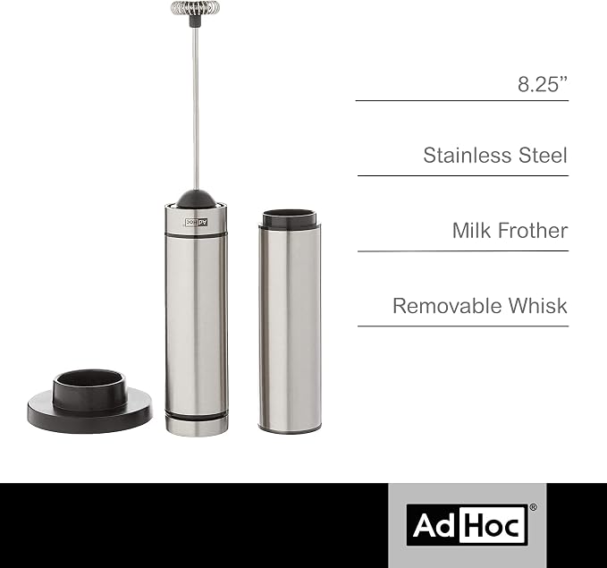 AdHoc Rapido Milk and Sauce Frother - Battery Operated Frother for Coffee, Matcha & More - Handheld Drink Blender - Stainless Steel Accessory with Case - Tiny Mixer with Removable Whisk