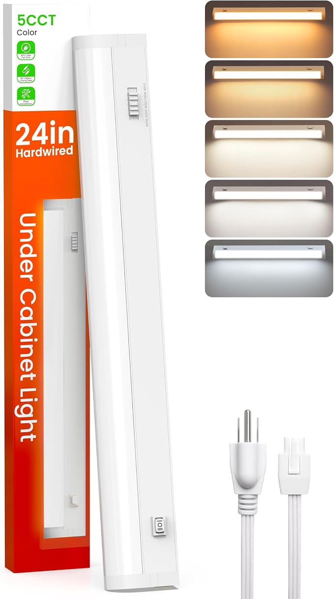ALUSSO 24 Inch LED Under Cabinet Lighting Plug in 120V, 5CCT Color Selectable 2700K-5000K Dimmable 15W 1200LM High Brightness, CRI 90+ Strip Linkable Under Counter Lights for Kitchen Sink, 1 Pack