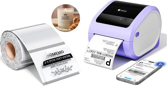Phomemo D520BT Bluetooth Thermal Label Printer & 200Pcs Transparent Thermal Label 4x3, Label Printers for Shipping Package, Compatible with iPhone, Android, Amazon, Shopify, UPSP