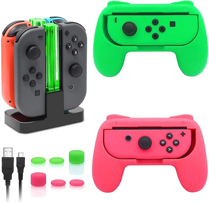 FastSnail Charging Dock and 2 Pack Switch Grips Kit for Nintendo Switch Joy Con & OLED Model, Charger Stand Station with Charging Cable, Wear-Resistant Grip Controller with 6 Thumb Grip