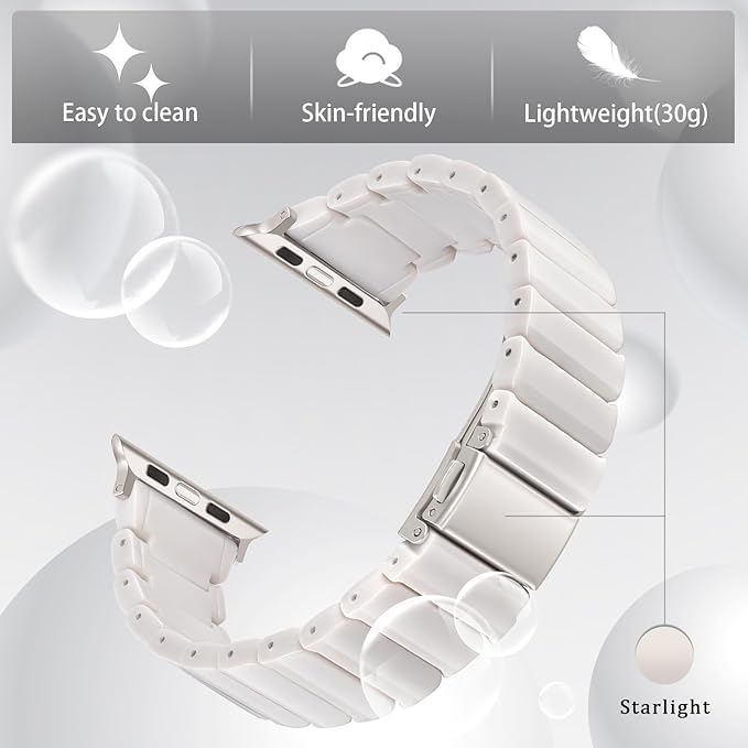 V-MORO Resin Band Compatible with Apple Watch Series 11/10 41mm/40mm/38mm/42mm Women Men Fashion Strap for iWatch Series 9/8/7/6/5/4/3/2/1/SE/SE 2 Lightweight Bracelet Wristband(Classic Starlight)