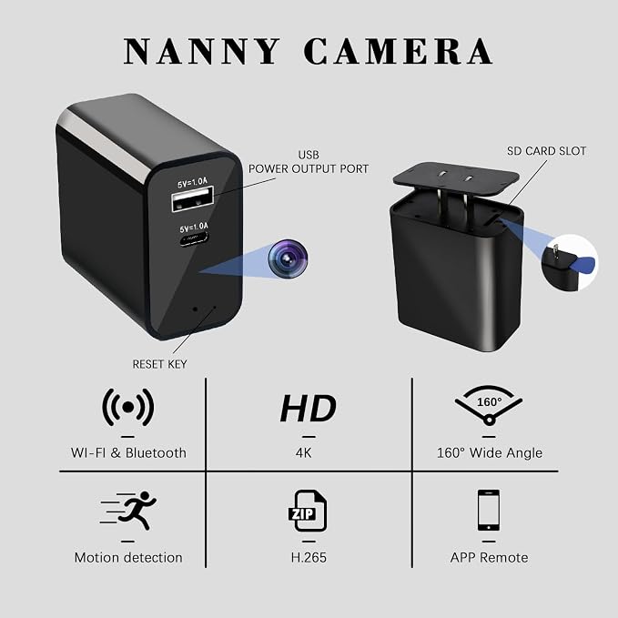 2026 Upgraded Camera Charger with WiFi Wireless Charger, 4K Security Camera Wireless Outlet Charger 160 Wide View & Remote App View (2.4GHz Nanny Cam for Home Indoor)