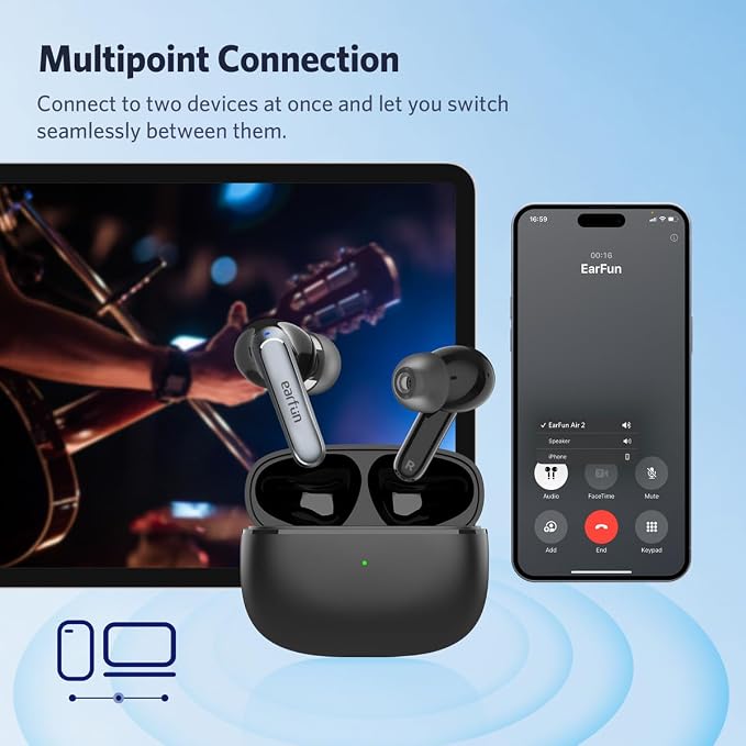 EarFun Air 2 Wireless Earbuds, 10mm Drivers with LDAC Bluetooth Earbuds, Hi-Res Audio, Bluetooth 5.3 with Multipoint Connection, 4 Mics, Wireless Charging, 40H Playtime, App Customization, IPX7