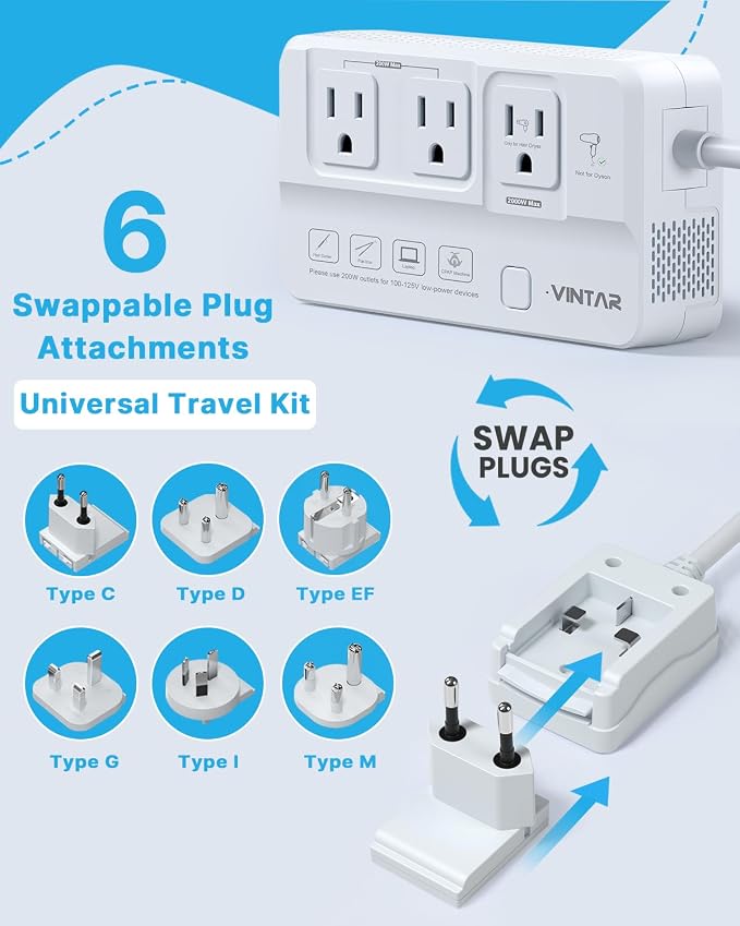 VINTAR 2000W 220V to 110V Converter for Hair Dryers, Universal Travel Adapter Voltage Converter US to Europe with 4 USB Ports(2 USB C), International Step Down Transformer for EU UK JP AU India SA
