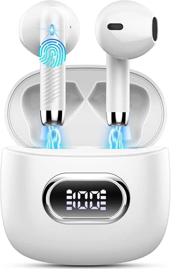 Wireless Earbuds, Bluetooth Headphones, Stereo Bass Ear Buds with ENC Noise Cancelling Mics,42H Bluetooth Earbuds with LED Display Charging Case, IP7 Waterproof Earphones for Android iOS/Glass white