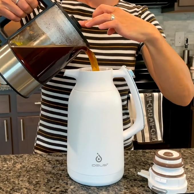IDEUS Thermal Coffee Carafe, Stainless Steel Double Wall Insulated Vacuum Flask, Water Jug Coffee Server and Beverage Dispenser, Heat and Cold Retention (White, 68, Fluid Ounces)
