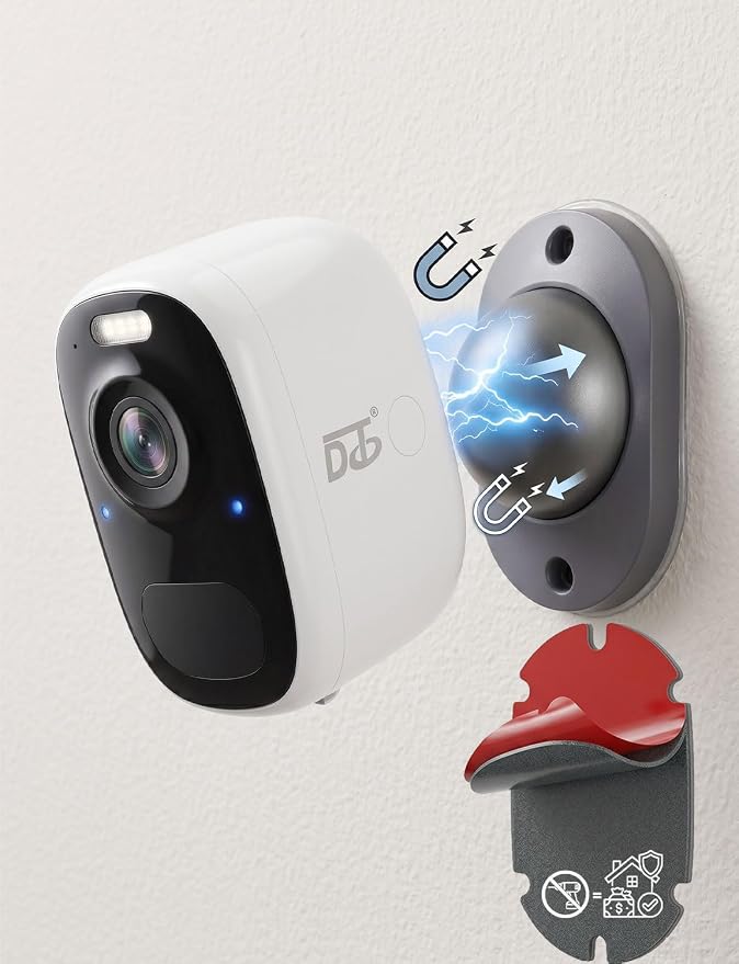 DCT Magnetic Security Camera Outdoor: 10s 3M No-Drill Mount – for Renters | | 8-Level Windproof with Drill-Like Stability – Peace of Mind at Front Door/Backyard/Garage – Wireless Easy Setup