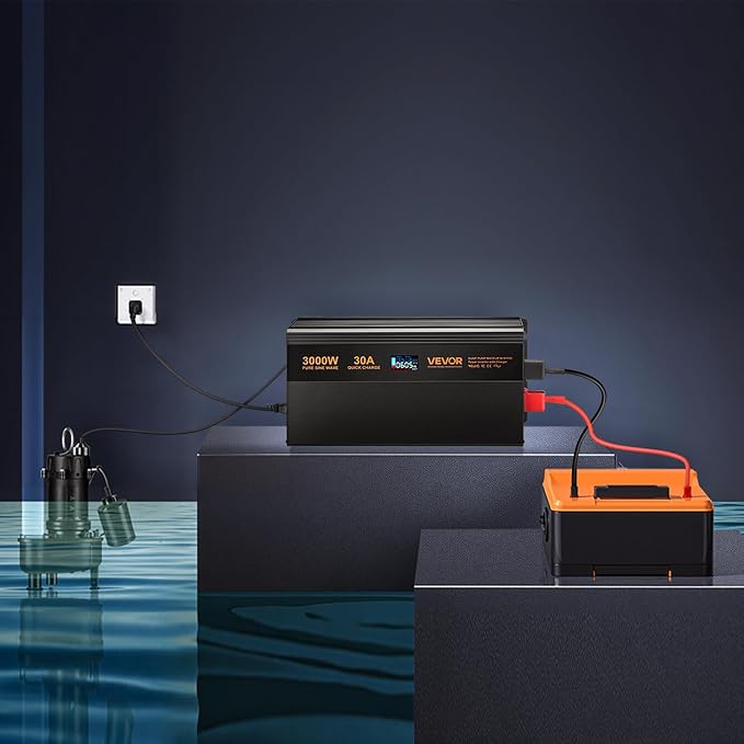 VEVOR Sump Pump Battery Backup System, 3000W, Auto Switches to Battery Inverter for Continuous Sump Pump Operation, Pure Sine Wave, LCD Display, for Basement Protection Emergency and Power Outage