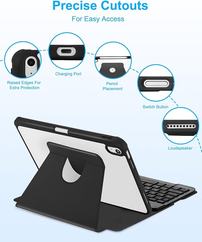 EAMPANG Case with Keyboard for iPad A16 11th 10th Generation 11/10.9 inch,Rainbow Backlit Detachable Keypad Rotatable Magnetic Cover with Pencil Holder for iPad 11 2025 10 Gen 2022 Black