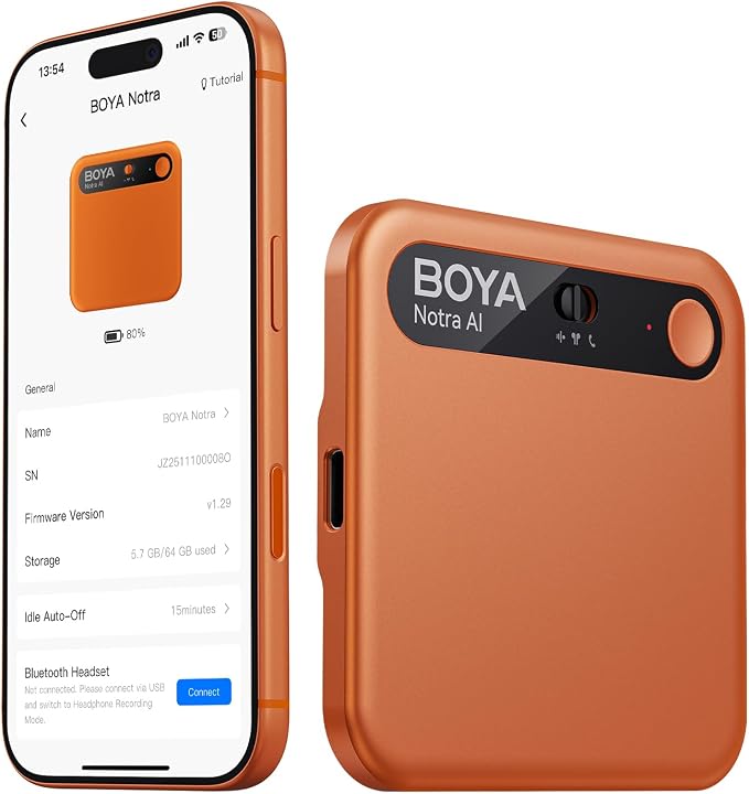 BOYA Notra AI Voice Recorder, Smart Transcription & Summary, App Control, 64GB Storage, Secure Cloud Sync, Supports 140+ Languages, MagSafe-Compatible, Ai Note Taker for Meetings & Interviews, Orange
