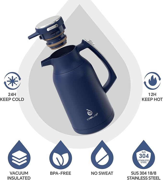 IDEUS Thermal Coffee Carafe, Stainless Steel Double Wall Insulated Vacuum Flask, Water Jug Coffee Server and Beverage Dispenser, Heat and Cold Retention (Navy Blue, 68, Fluid Ounces)