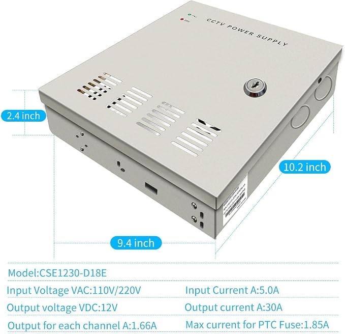 (2026 Updated) 18 Channel 12V DC 30A 360W CCTV Power Supply Box for Security Cameras, Individual Resettable PTC Fuse, Lockable Metal Case with Cooling Fan, AC Plug Included, Plug & Play