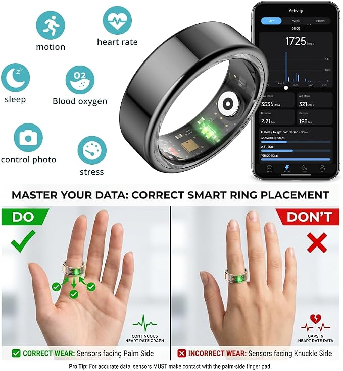 COLMI R02 Smart Ring, Smart Ring for Women and Men, No Subscription Fee, with a Charging Case, Supports Heart Rate, Blood Oxygen, Sleep Health Monitoring. (Black, 7#)