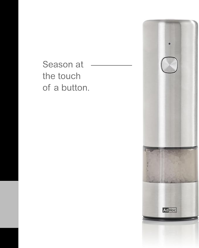 AdHoc Electric Salt & Pepper Grinder - One-Button Operation - Uses SilentDrive for Quiet Operation - Battery Powered - Mill with CeraCut Ceramic Grinders - Mini