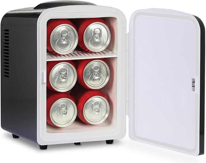 ELLE Multi Purpose 4L Mini Fridge Cooler and Warmer with Cool and Warm Function Removable Shelf Carrying Handle AC DC Power Options for Car Office Bedroom 6 Can Capacity Black